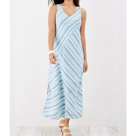 J Jill Love Linen Lotus Maxi Dress size L Striped Blue Green Lined - Picture 1 of 8